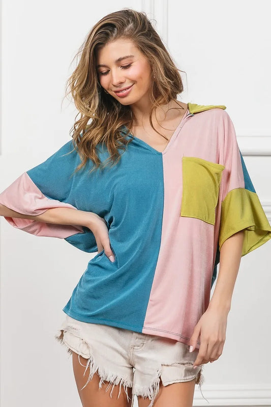 BiBi Slinky Knit Color Block V Neck Front Top