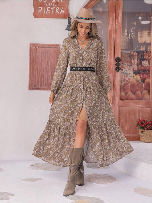 Floral Button Up V-Neck Tiered Dress - Clothes For Her Online Store