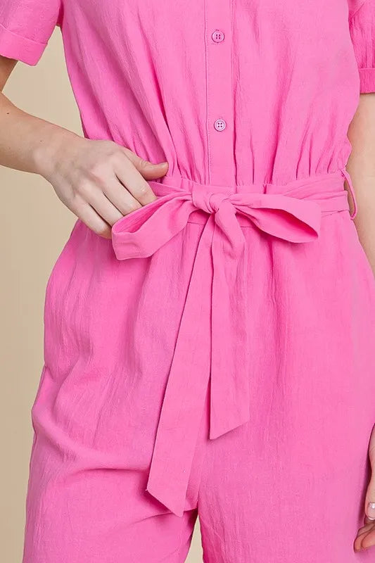 Lime 'N' Chili Collared Button Down Romper with Tie Belt