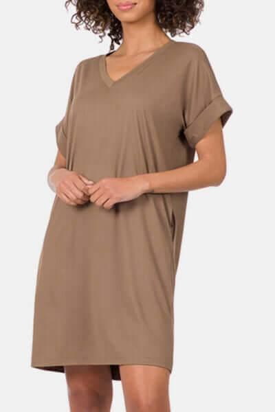 Zenana Rolled Short Sleeve V-Neck Dress - Clothes For Her Online Store