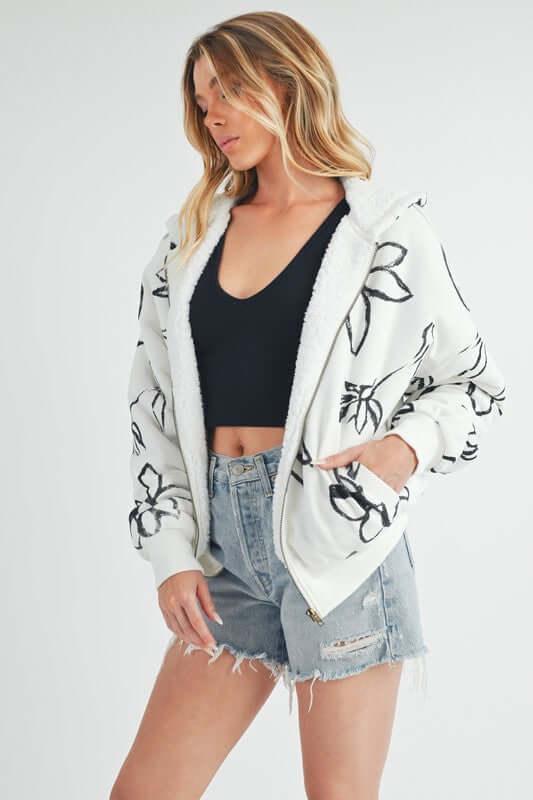 Aemi + Co Flower Print Zip Up Sherpa Hoodie