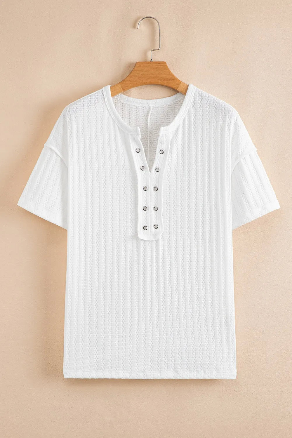 Textured Hollow Grommet Placket Split Neck Short Sleeve Top