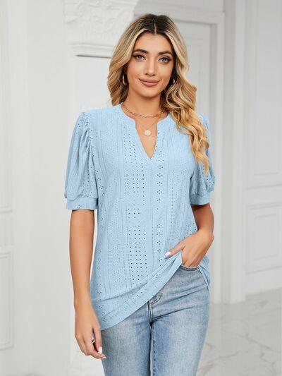 Florira Eyelet Notched Short Sleeve T-Shirt