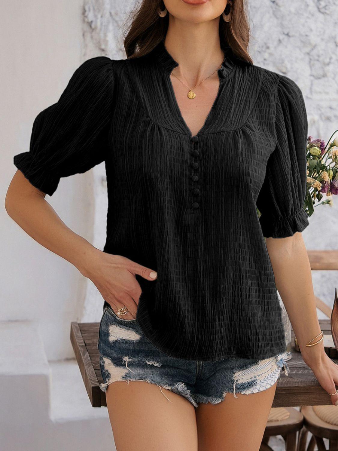 Devine Frill Notched Short Sleeve Blouse