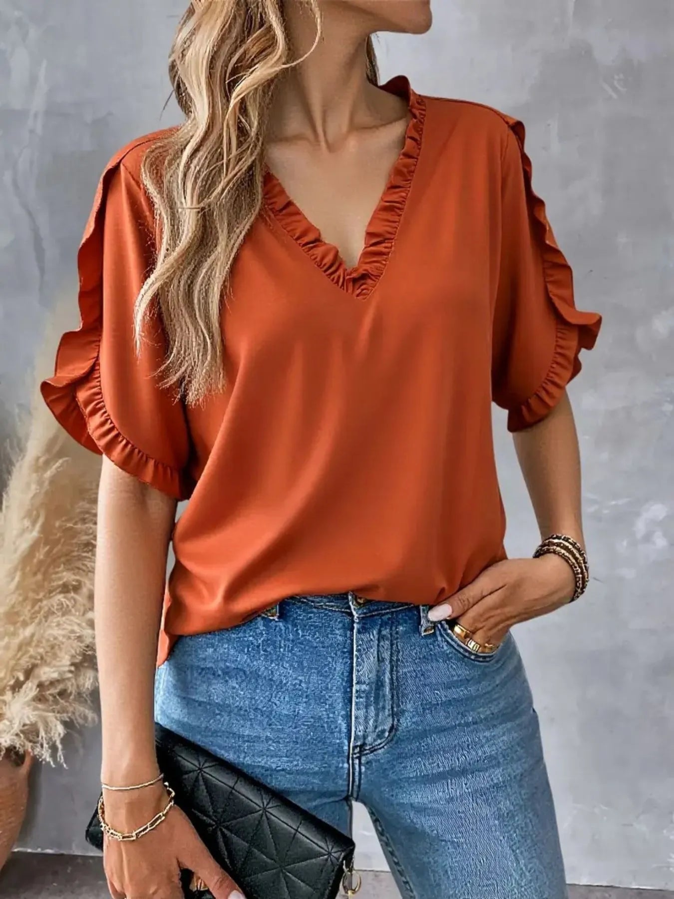 Ruffled V-Neck Short Sleeve Blouse