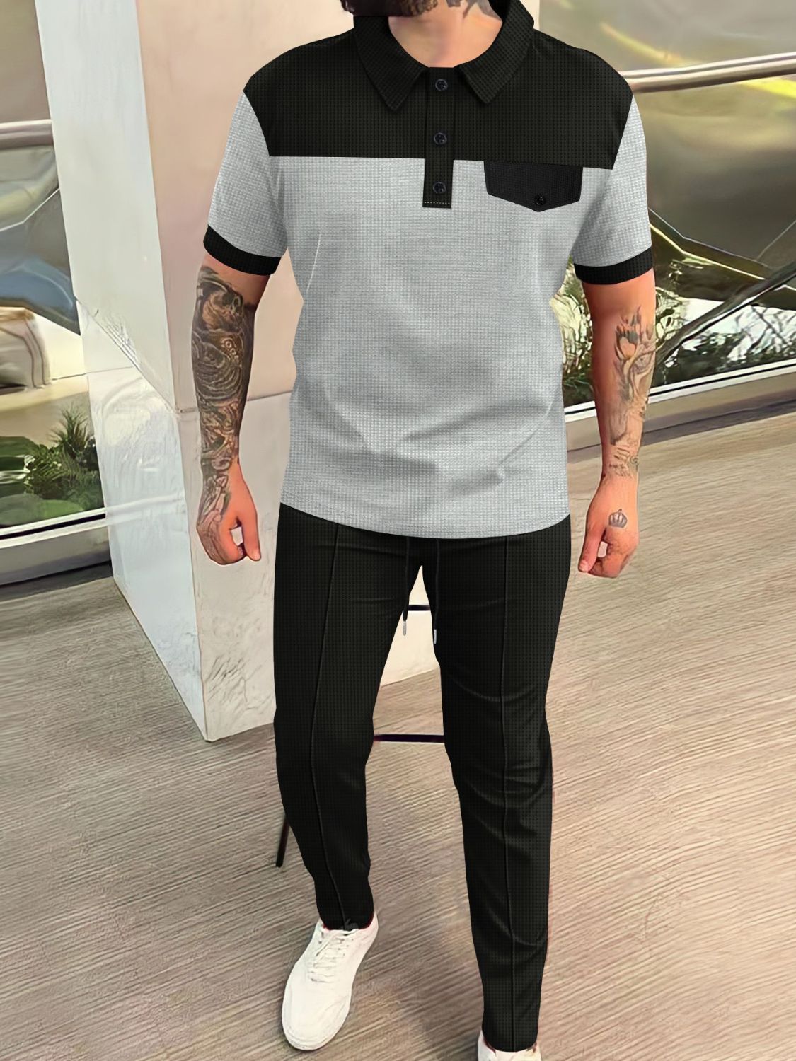 Men‘s Full Size Waffle-Knit Contrast Top and Pants Set Plus Size - Clothes For Her Online Store
