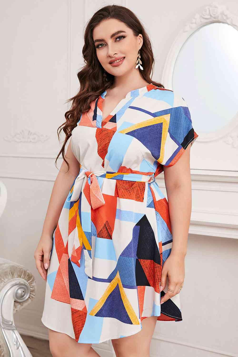 Honey Plus Size Notched Neck Tie Waist Dress