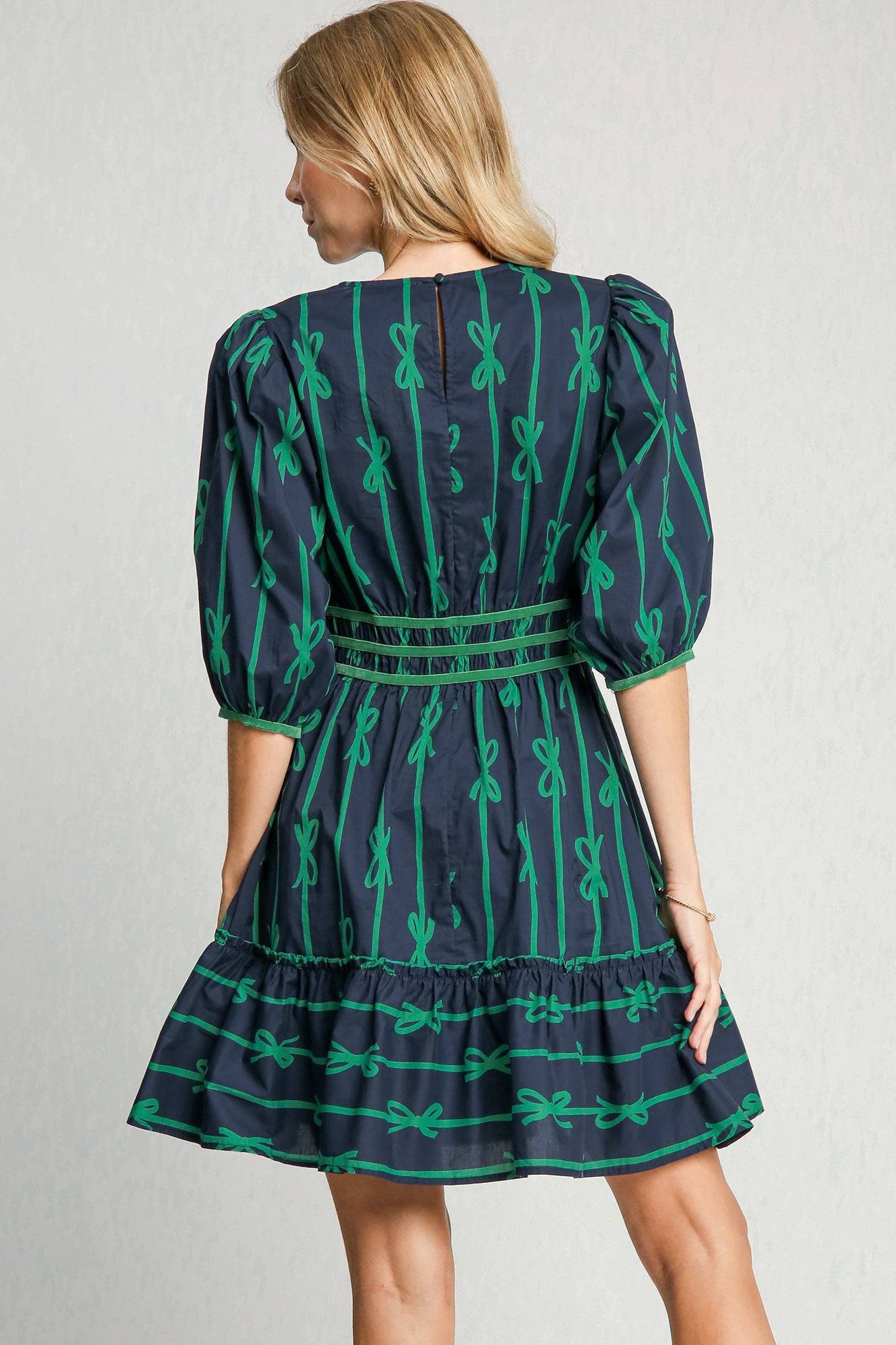 Umgee Ribbon Print Frill Contrast Velvet Trim Half Sleeve Dress - Clothes For Her Online Store