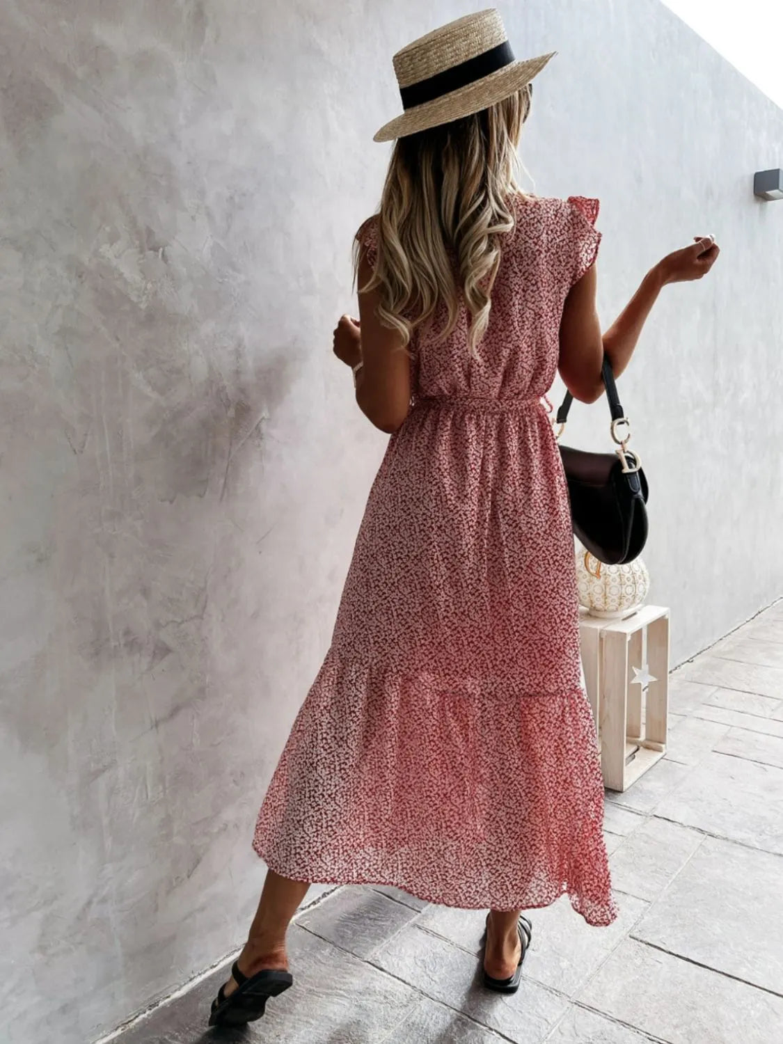 Ruffled Surplice Printed Cap Sleeve Dress
