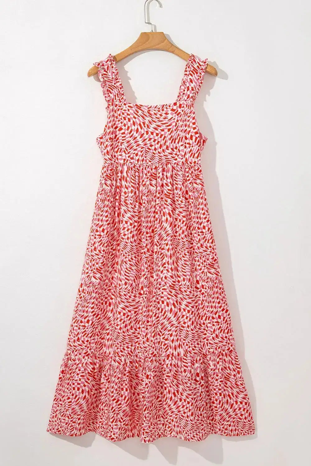 Geometric Print Knot Back Sleeveless Ruffle Hem Dress