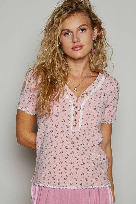 POL Lace Detail Floral V-Neck Button Detail Short Sleeve T-Shirt