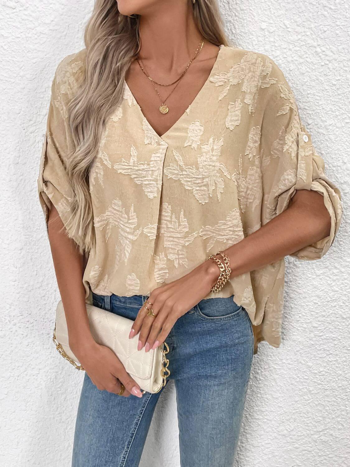 Perfee V-Neck Half Sleeve Blouse