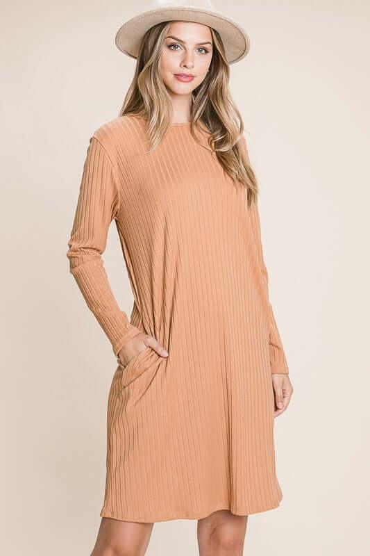 BOMBOM Round Neck Long Sleeve Ribbed Knit Dress