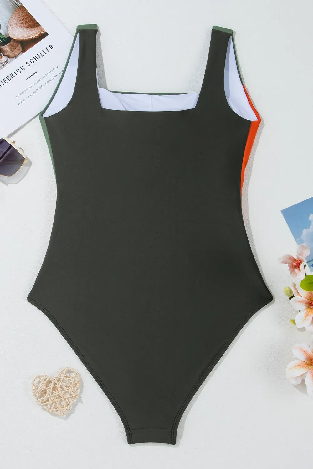 Color Block Padded Square Neck One Piece Swimsuit