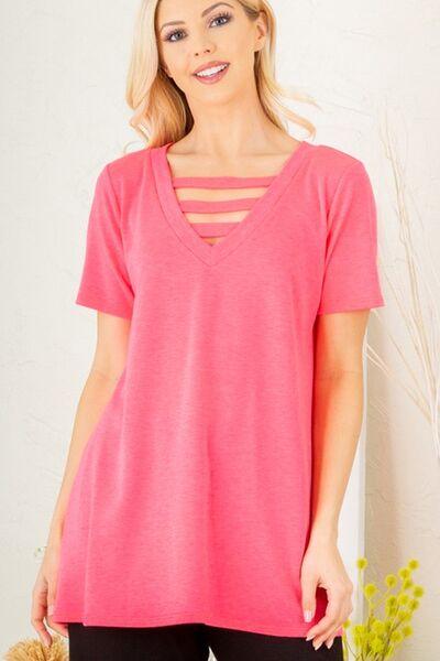 Heimish Full Size V-Neck Short Sleeve T-Shirt with Bar Detail Plus Size - Clothes For Her Online Store