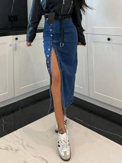 Front Button Slit Midi Denim Skirt