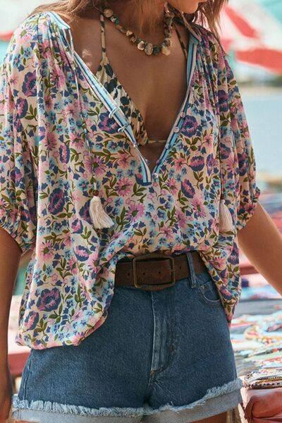 Floral Tie Neck Half Sleeve Blouse