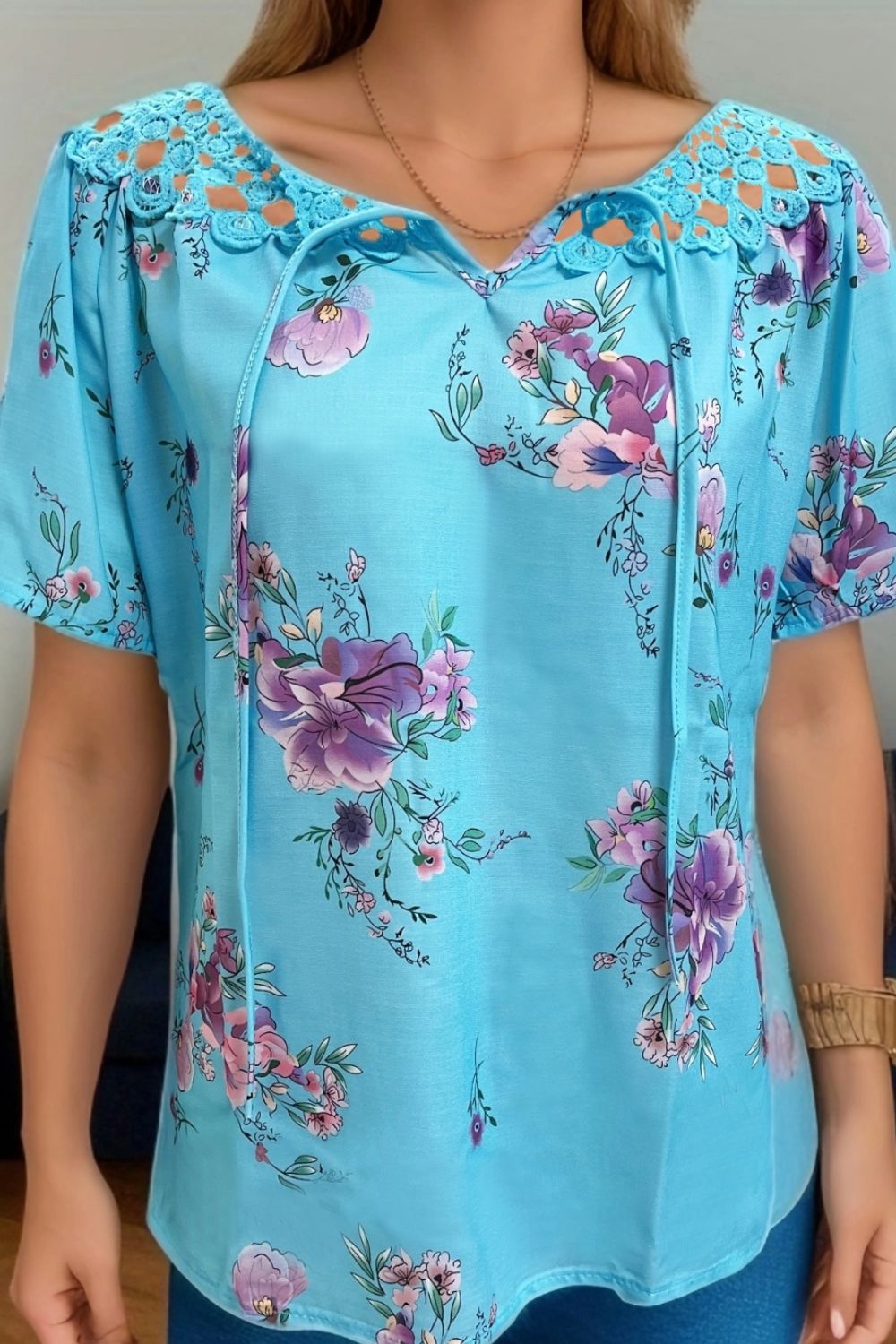 Full Size Printed Tie Neck Short Sleeve Blouse - Clothes For Her Online Store
