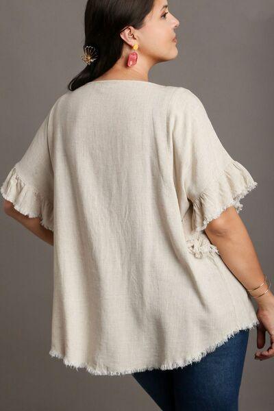 Umgee Full Size Raw Hem Ruffle Short Sleeve Blouse Plus Size