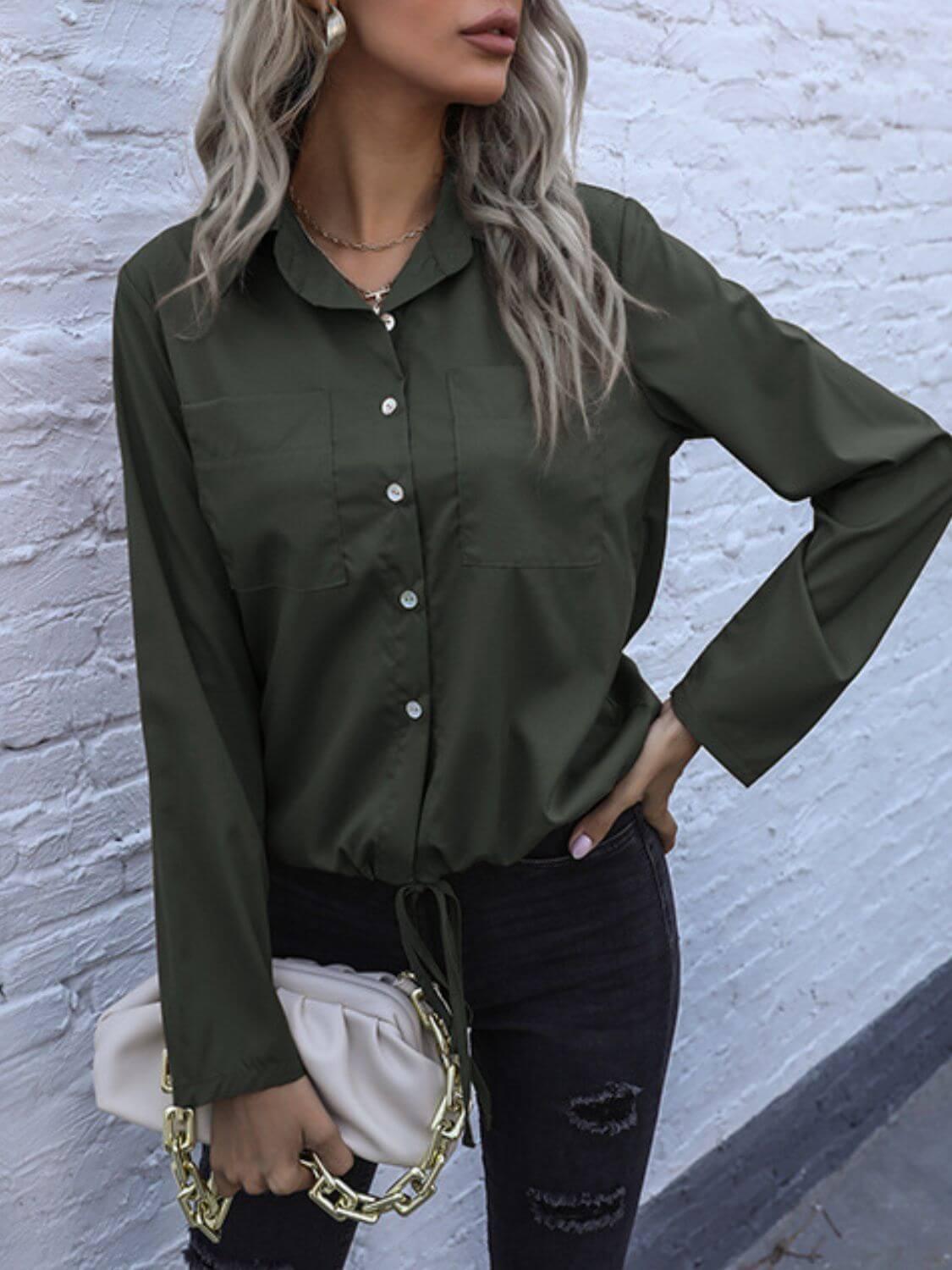 Perfee Tied Hem Button Down Long Sleeve Shirt