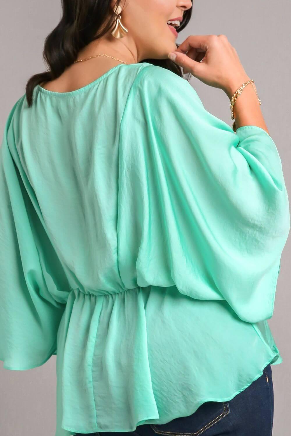 Umgee Full Size Satin Pleated Round Neck Kimono Sleeve Blouse Plus Size