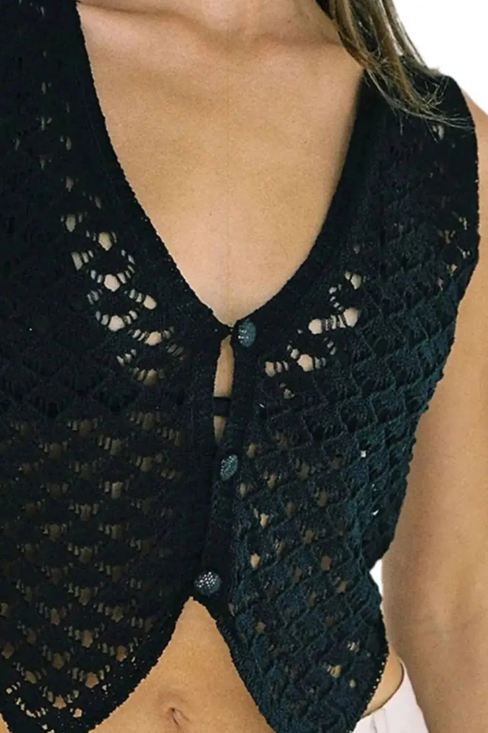 Openwork V-Neck Sweater Vest - Clothes For Her Online Store