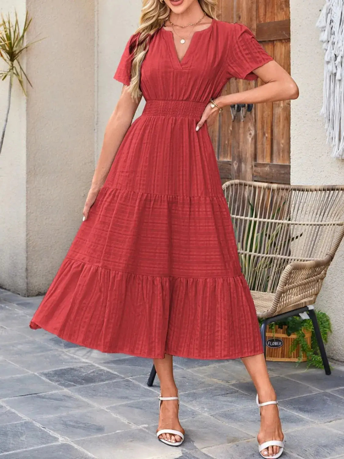 Tiered Notched Short Sleeve Dress - Clothes For Her Online Store