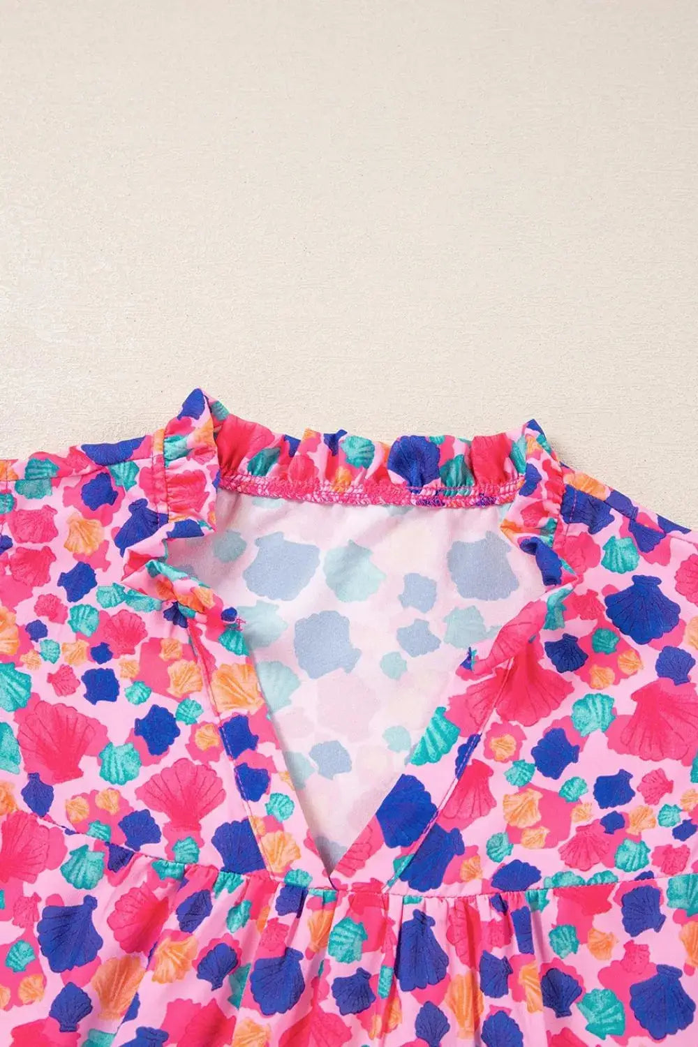Abstract Print Ruffled Sleeve Notched Blouse - Clothes For Her Online Store