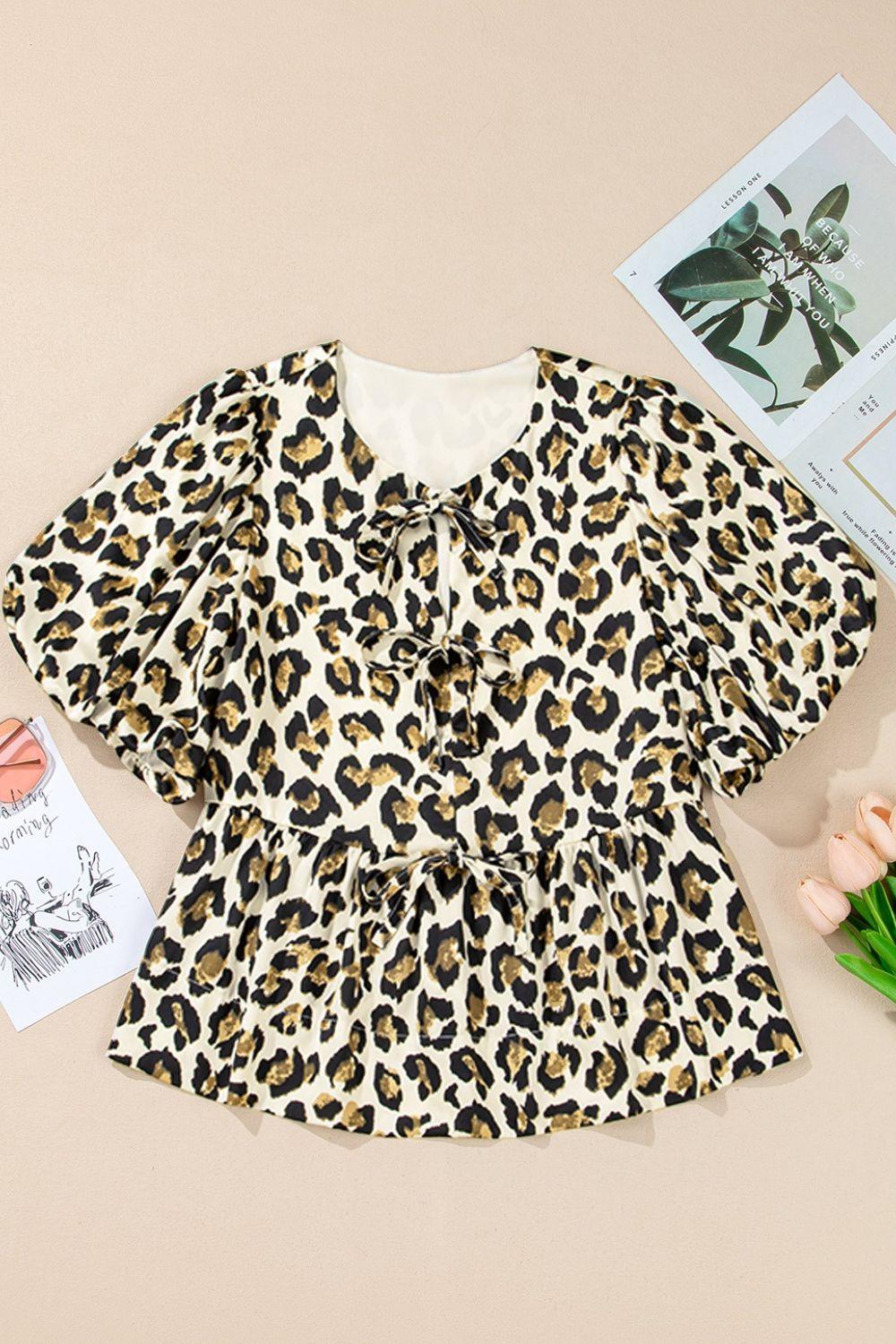Leopard Bow Tie Front Puff Sleeve Peplum Blouse - Clothes For Her Online Store