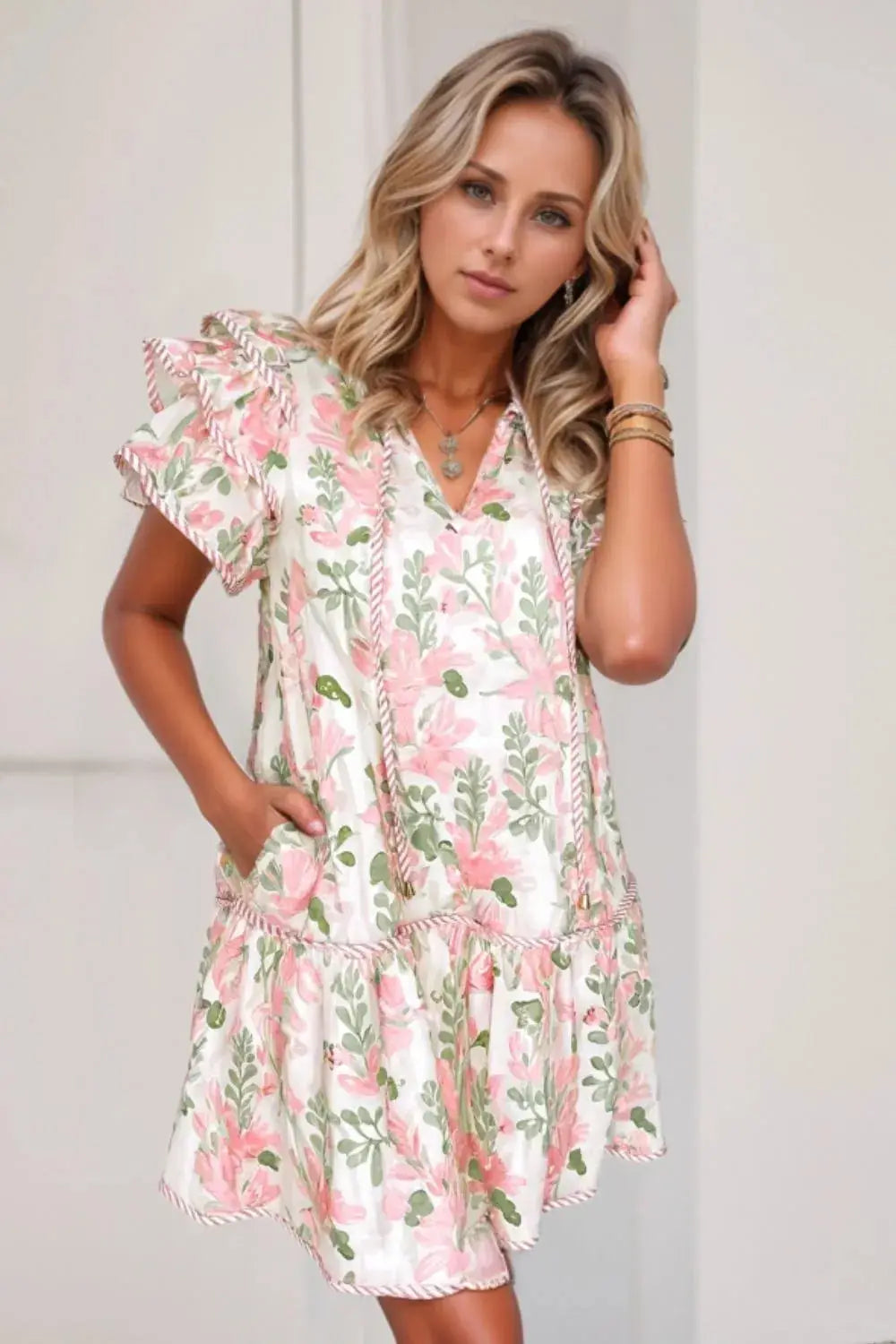 Floral Contrast Edge Layered Short Sleeve Mini Dress - Clothes For Her Online Store