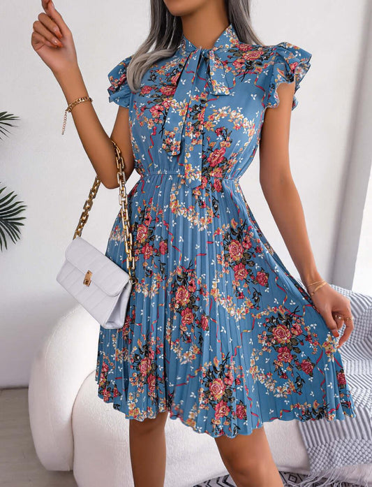 Pleated Floral Printed Tie Neck Knee Length Dress - Clothes For Her Online Store