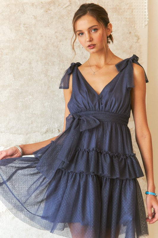 ADORA Tie Shoulder Polka Dot Mesh Dress - Clothes For Her Online Store