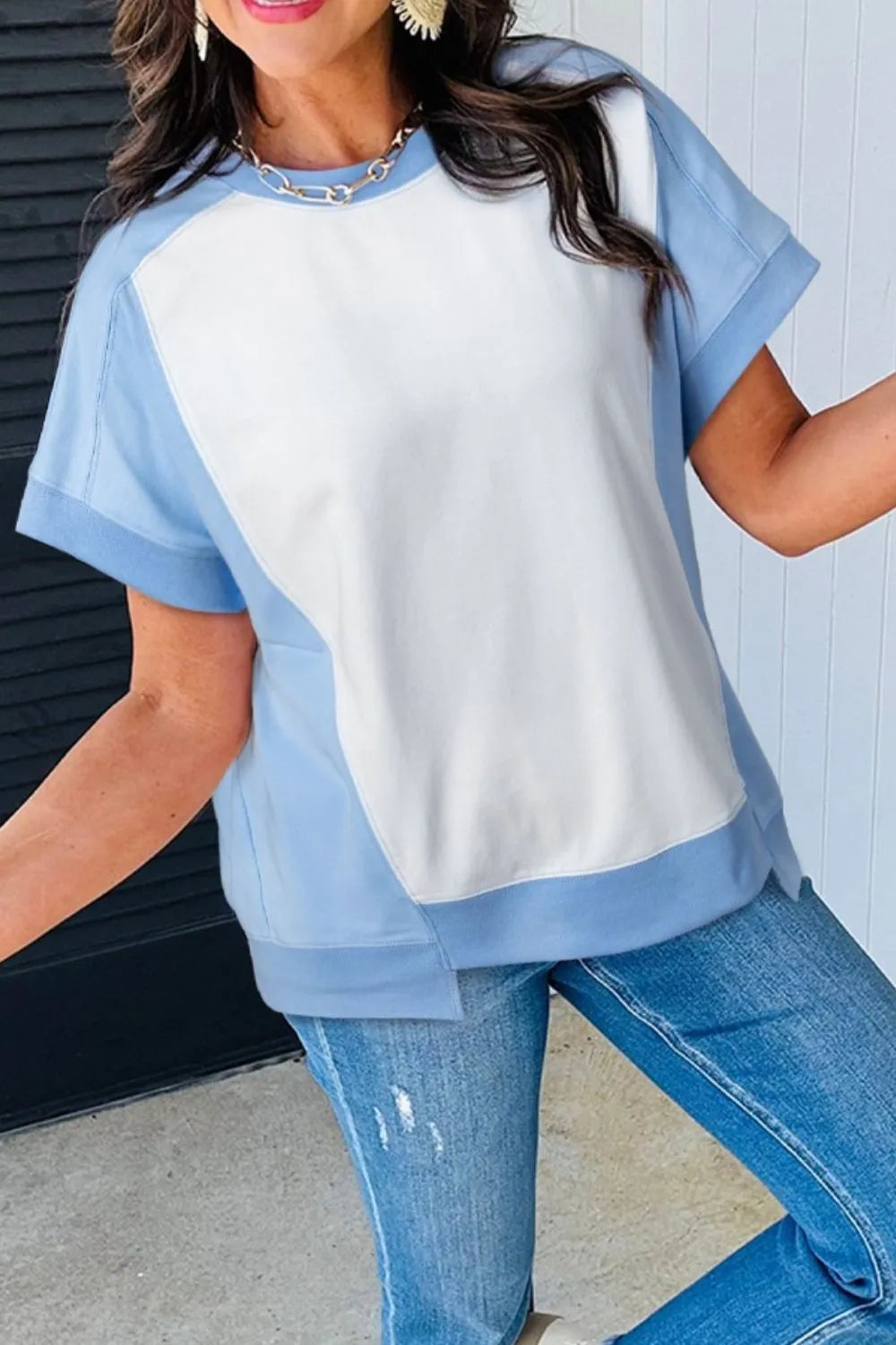 Color Block Exposed Seam Crew Neck T Shirt