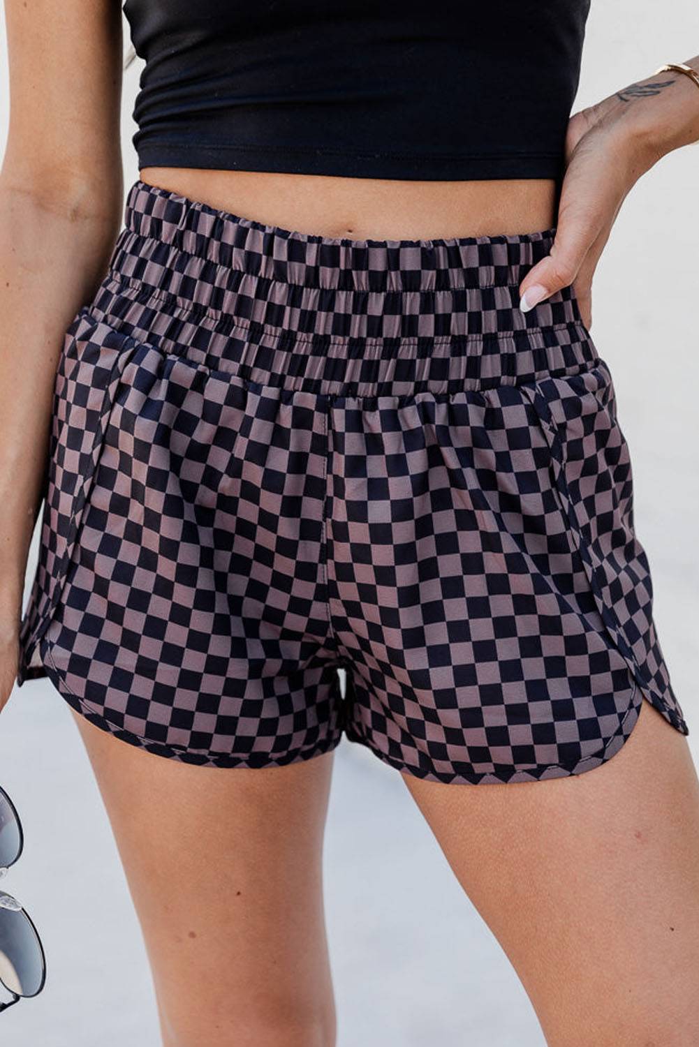 Checkered Elastic Waist Shorts - Clothes For Her Online Store