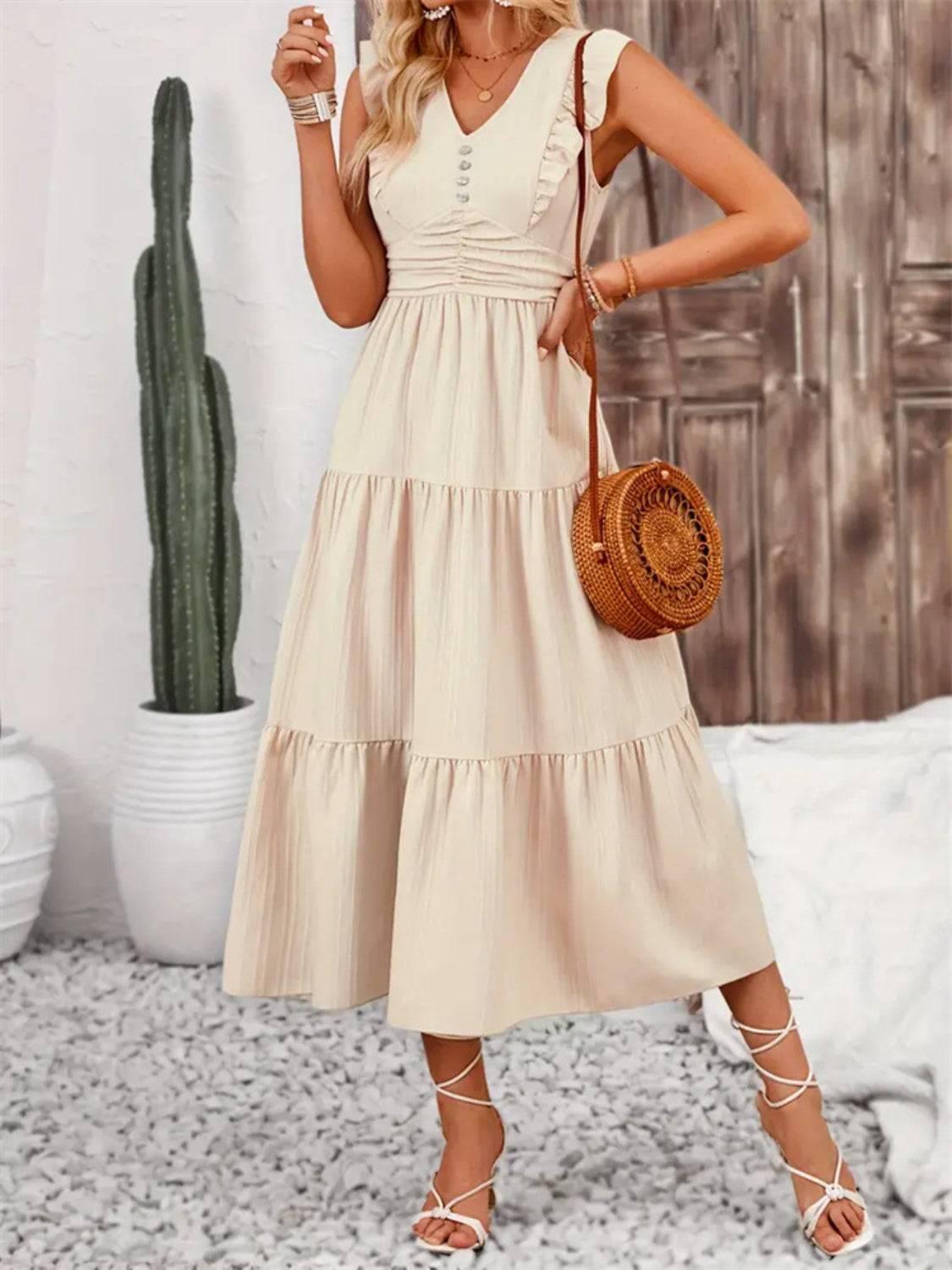 Decor Button Ruffled Tiered Midi Dress - Clothes For Her Online Store