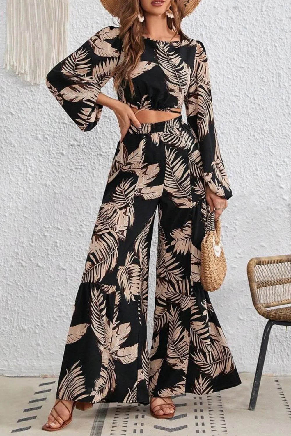 Printed Round Neck Long Sleeve Top and Pants Set
