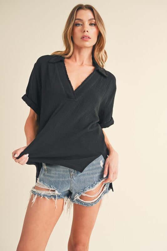 Aemi + Co Side Slit Johnny Collar Short Sleeve Cotton Gauze Blouse