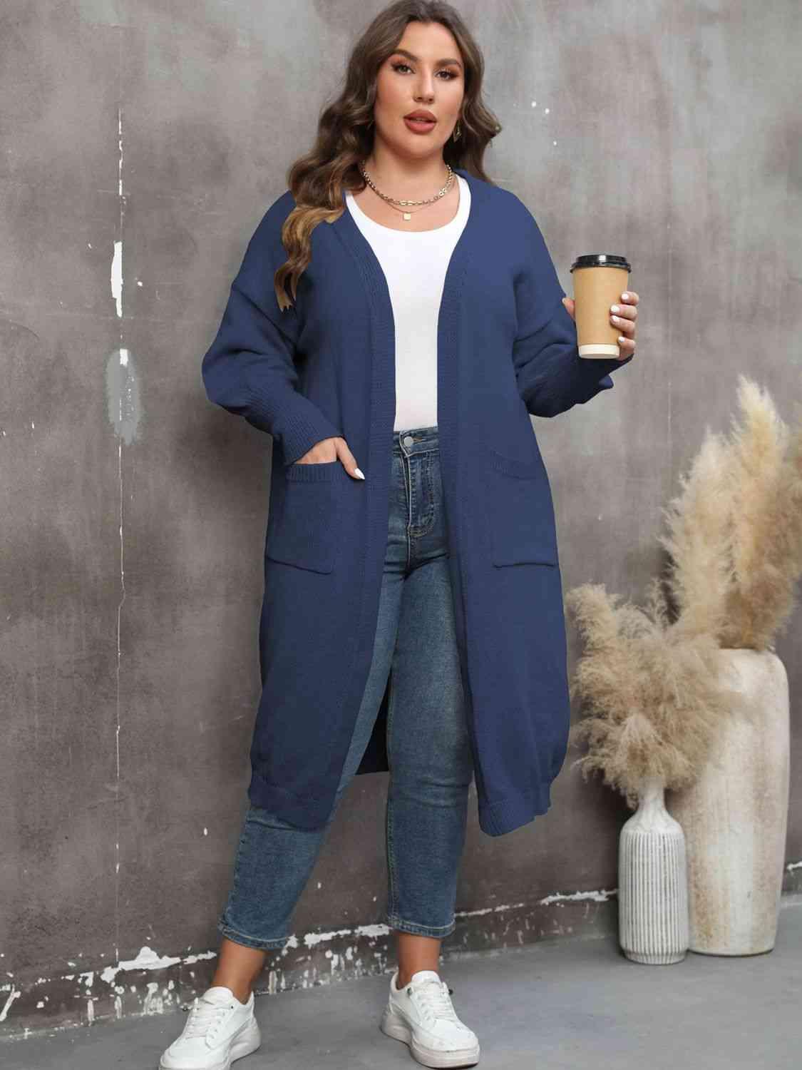 Plus Size Long Sleeve Pocketed Cardigan - Clothes For Her Online Store
