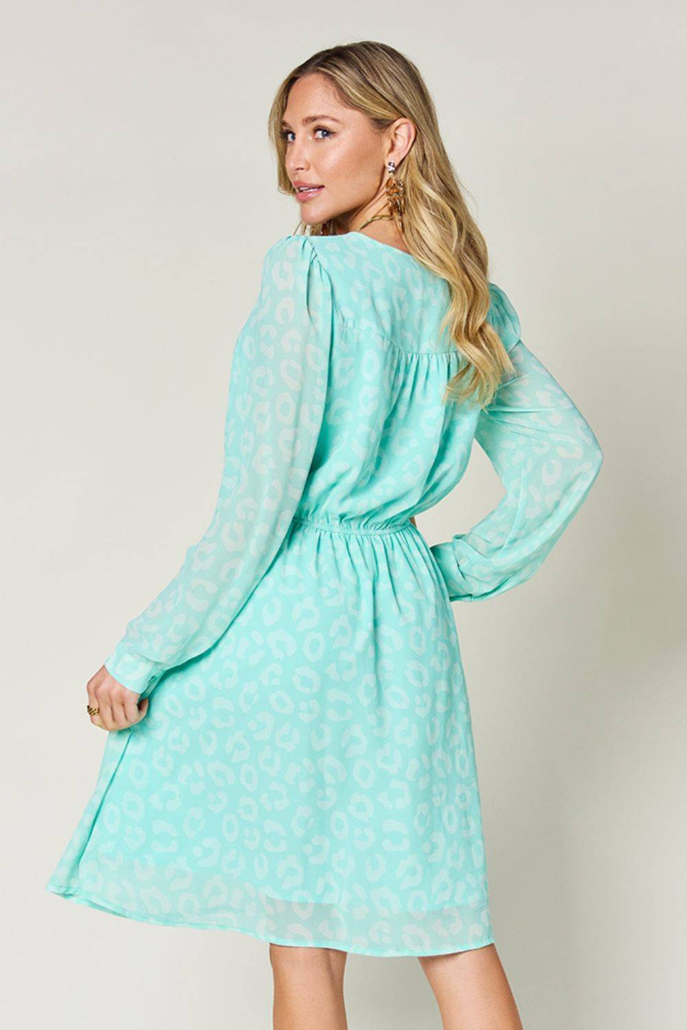 Double Take Full Size Printed Ruched V-Neck Long Sleeve Dress - Clothes For Her Online Store