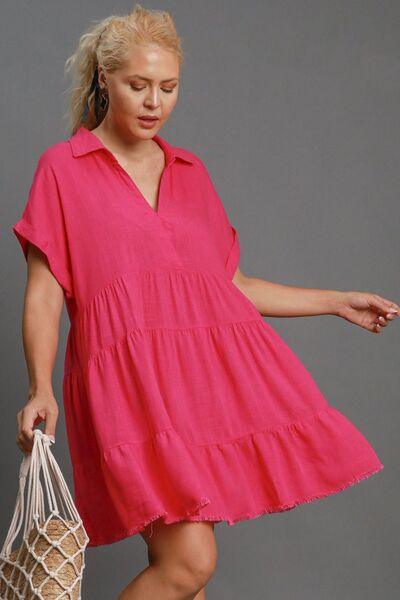 Umgee Full Size Raw Hem Folded Sleeve Tiered Dress Plus Size