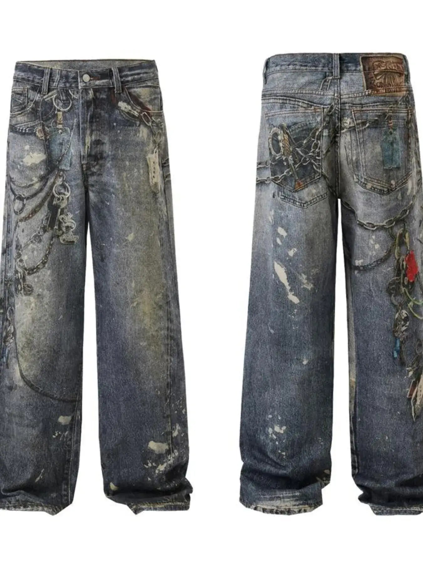 Men's Distressed Printed Wide Leg Jeans