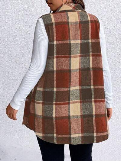 Honey Plus Size Pocketed Plaid Button Up Vest Coat - Clothes For Her Online Store