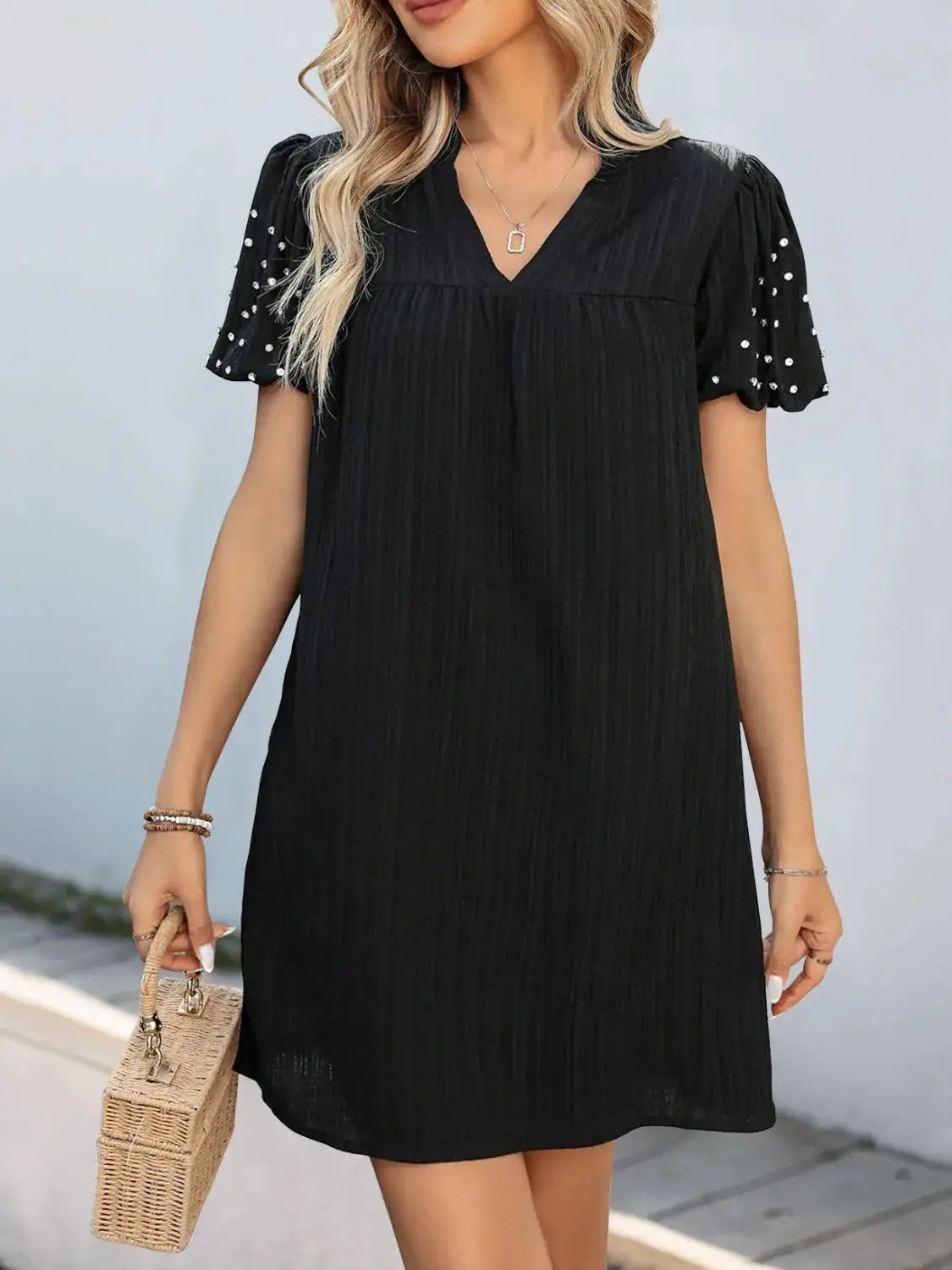 Textured V-Neck Short Sleeve Mini Dress - Clothes For Her Online Store