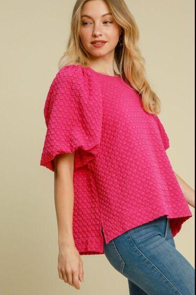 Umgee Full Size Boxy Cut Jacquard Round Neck Top with Side Slit Plus Size