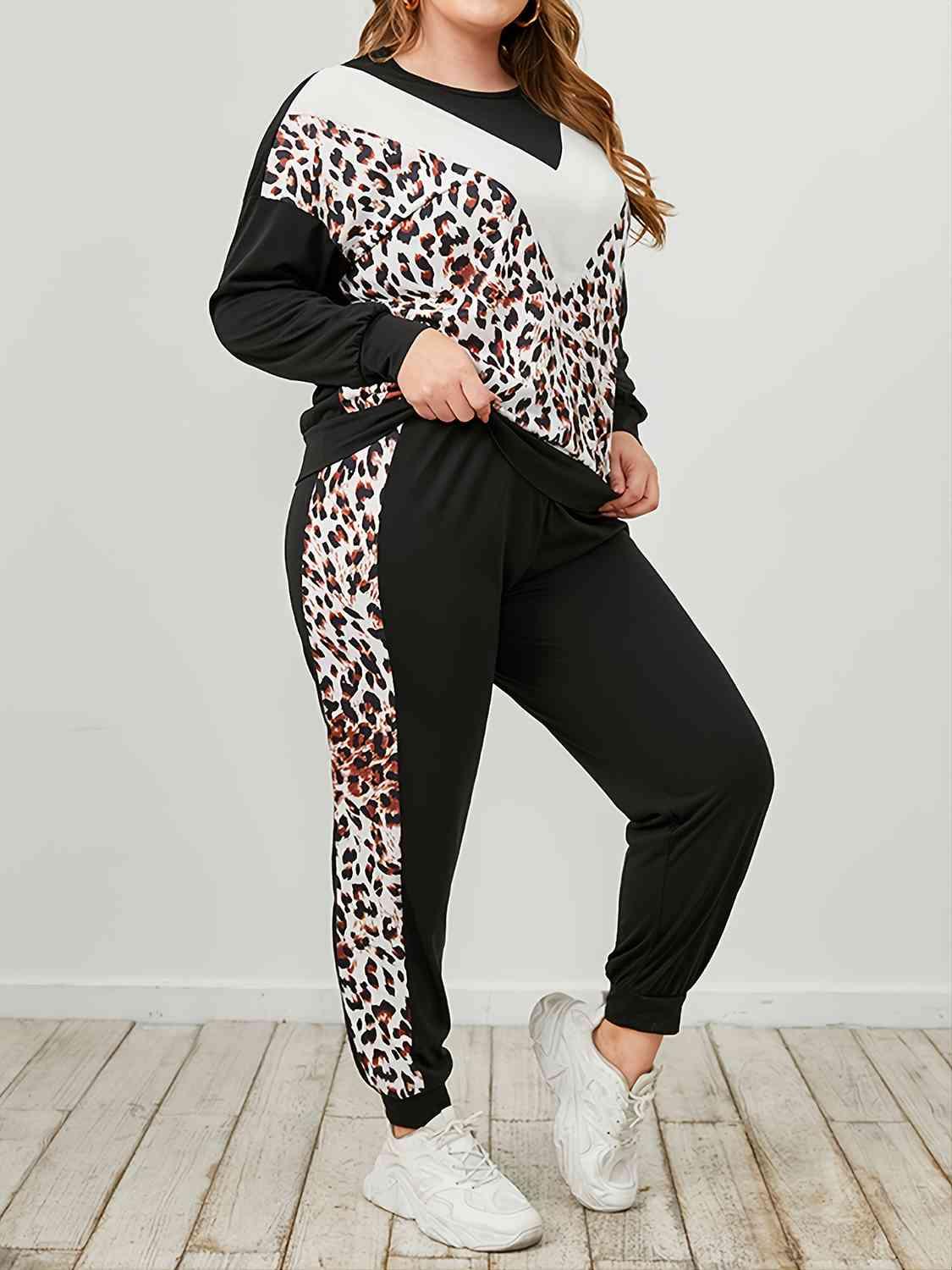 Plus Size Leopard Sweatshirt and Sweatpants Set - Clothes For Her Online Store