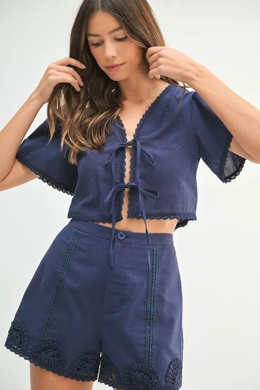 MABLE Crochet Lace Detail Crop Top and Shorts Set - Clothes For Her Online Store