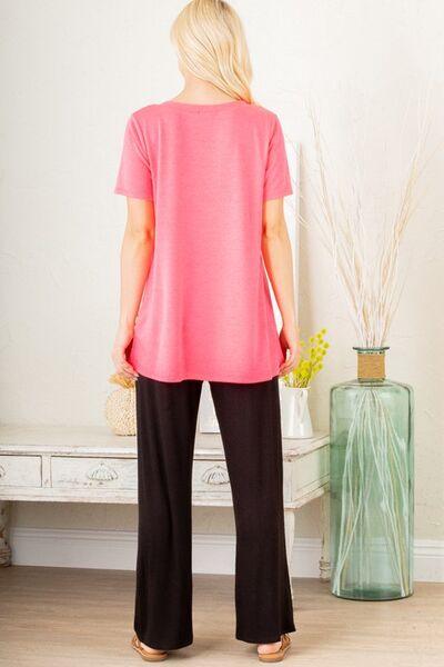 Heimish Full Size V-Neck Short Sleeve T-Shirt with Bar Detail Plus Size - Clothes For Her Online Store