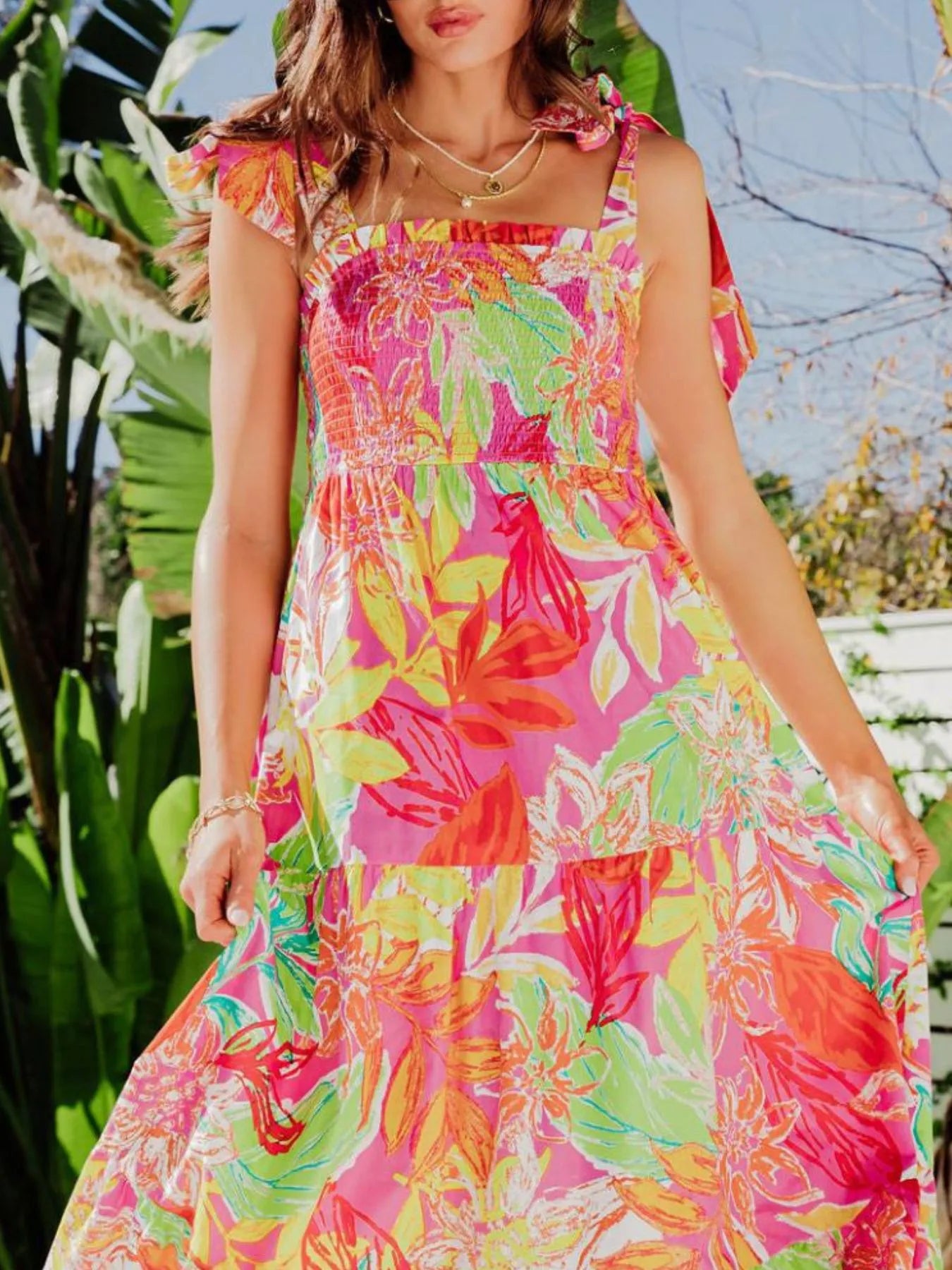 Tropical Print Tie Shoulder Maxi Dress