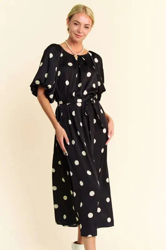 Davi & Dani Polka Dot Puff Sleeves Waist Tie Midi Dress - Clothes For Her Online Store