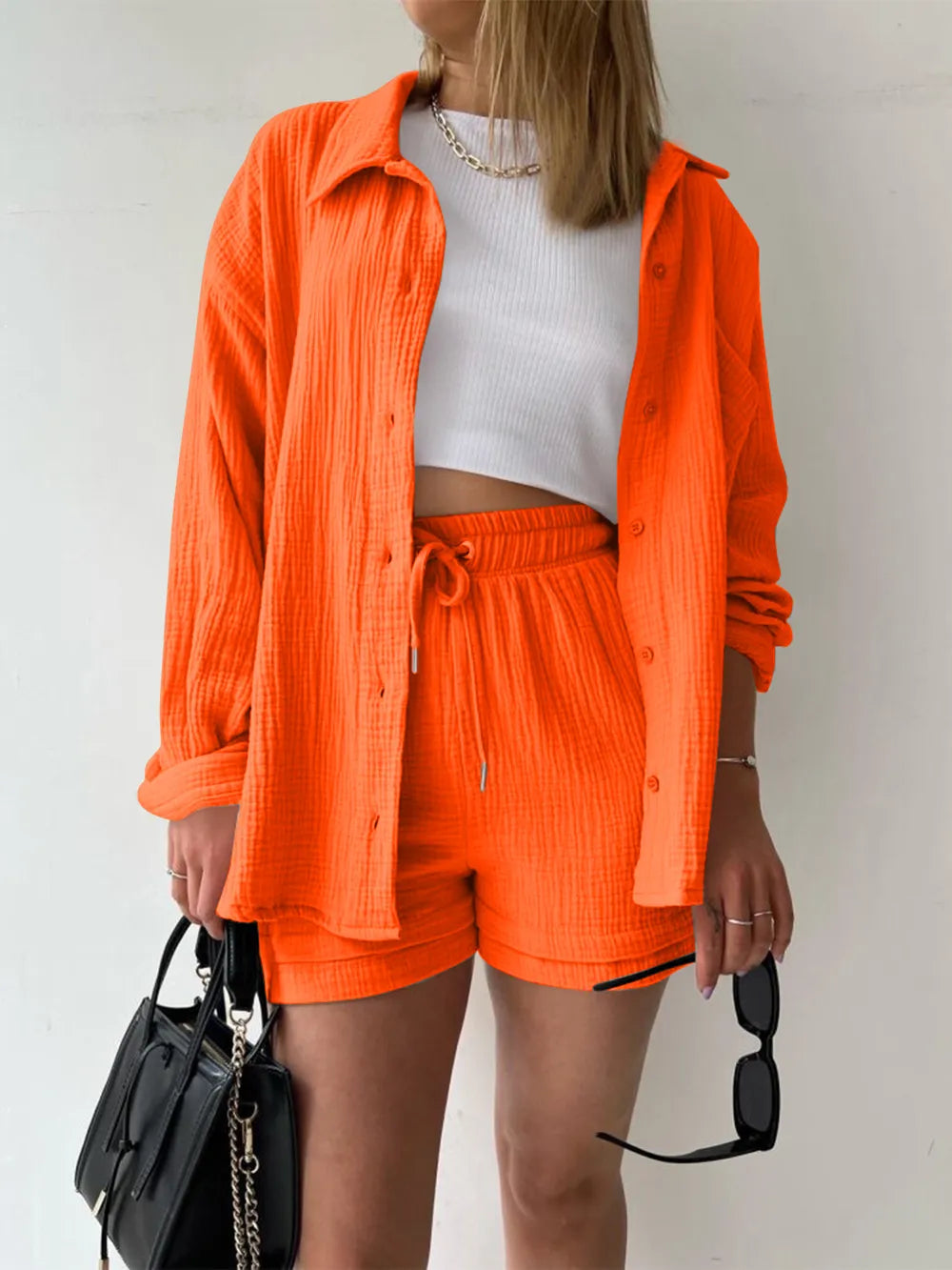 Texture Button Up Shirt and Drawstring Shorts Set - Clothes For Her Online Store